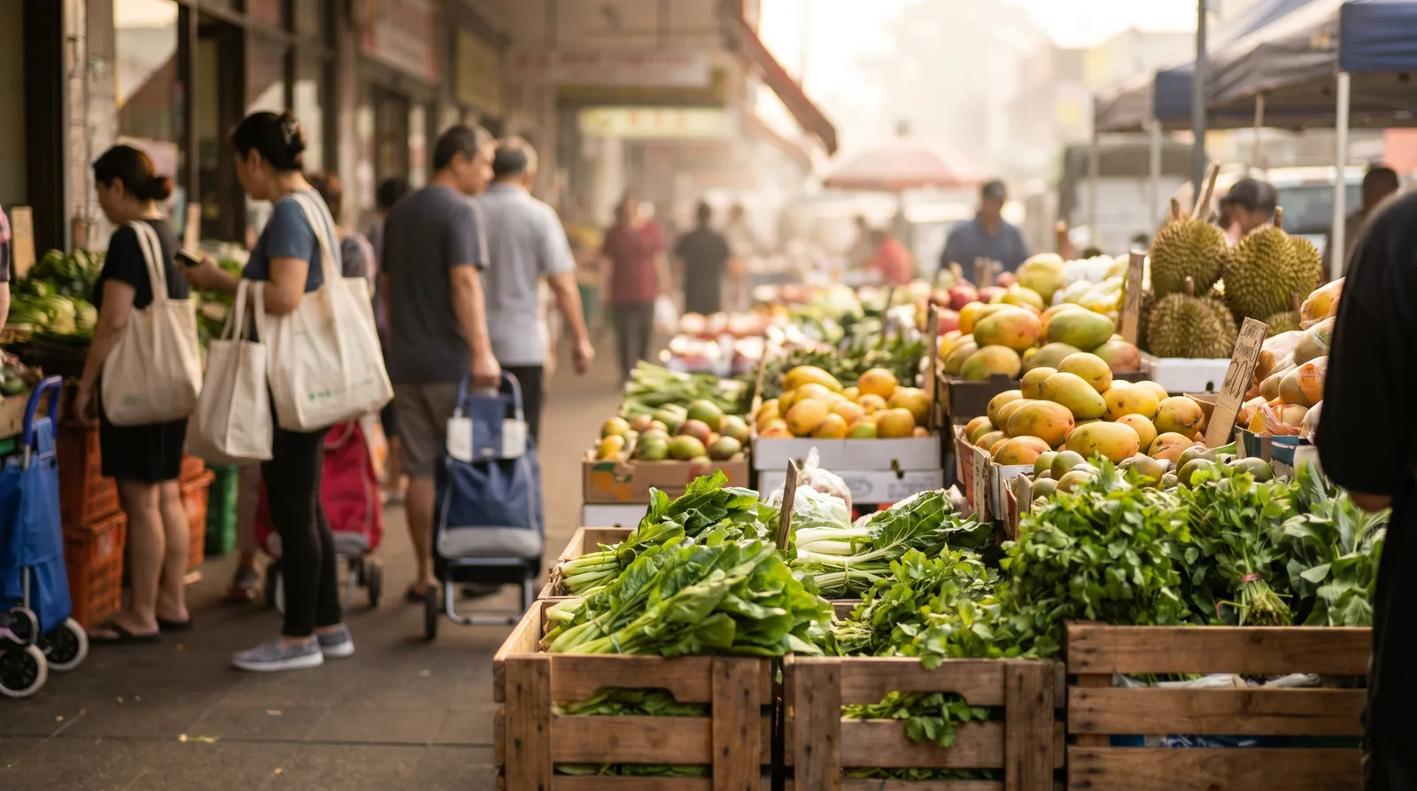 Market crates of fresh greens and fruit on a busy Cabramatta shopping street