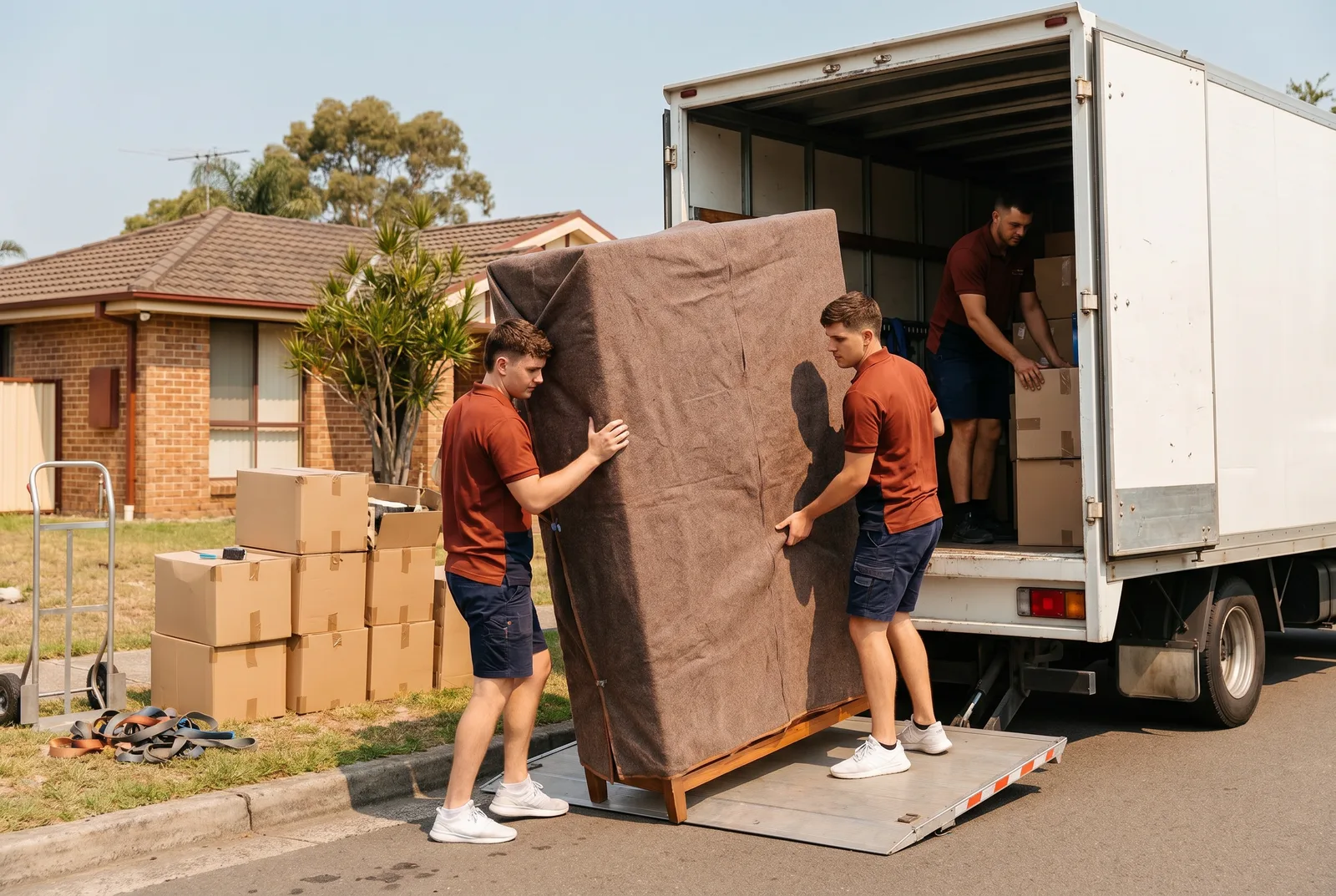 Movers loading a wrapped wardrobe onto a truck outside a brick house