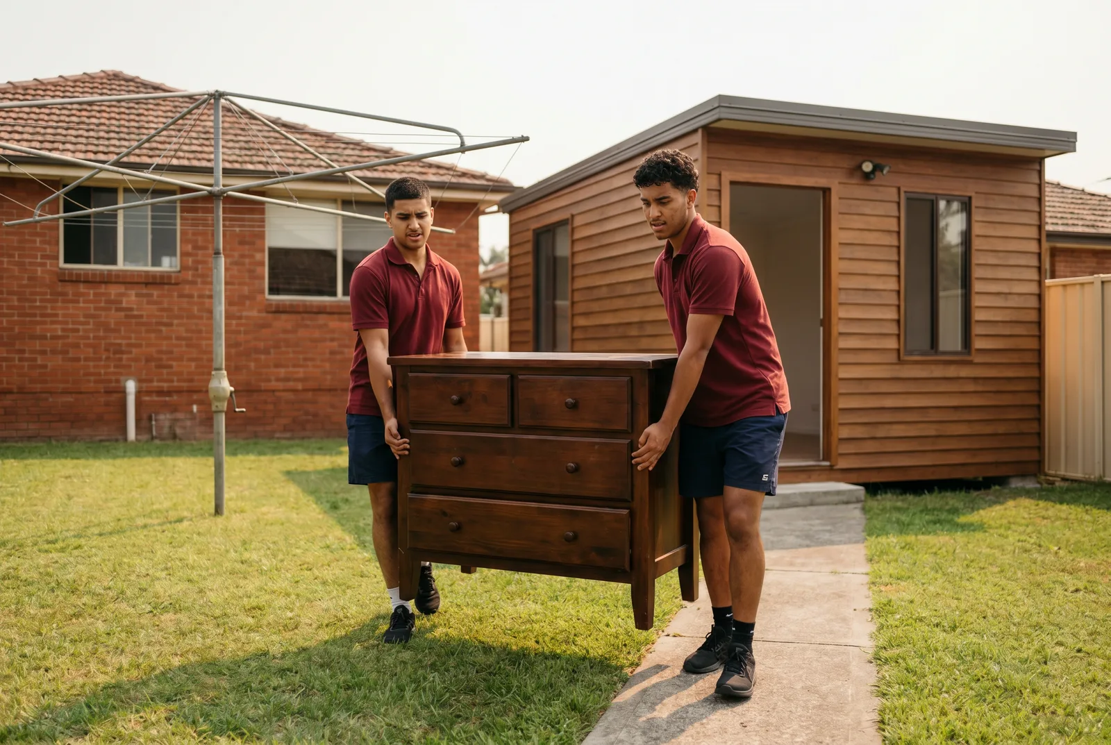 Movers carrying a chest of drawers across a backyard toward a granny flat