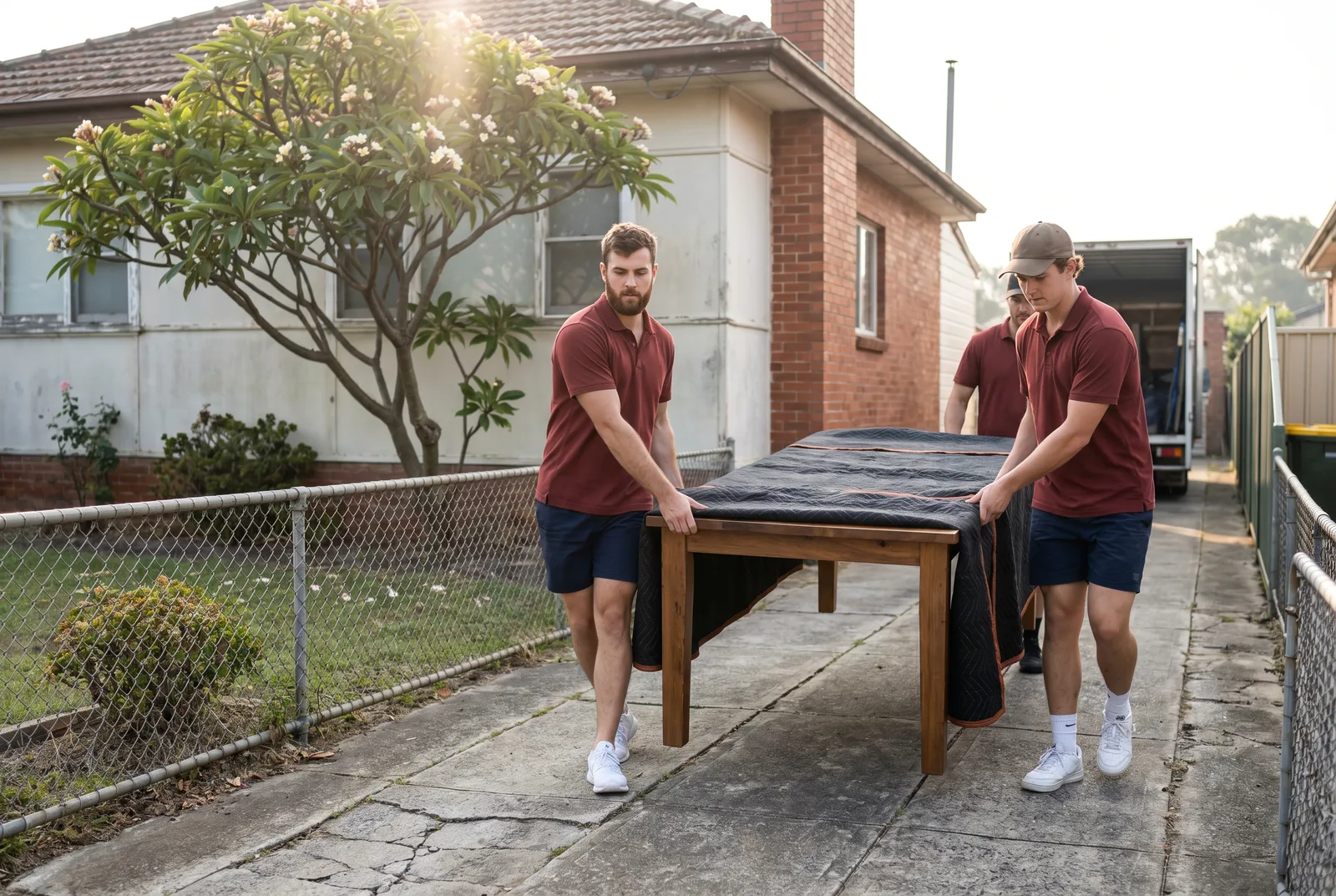 Two movers carrying a solid timber dining table down a narrow driveway beside a post-war Fairfield house