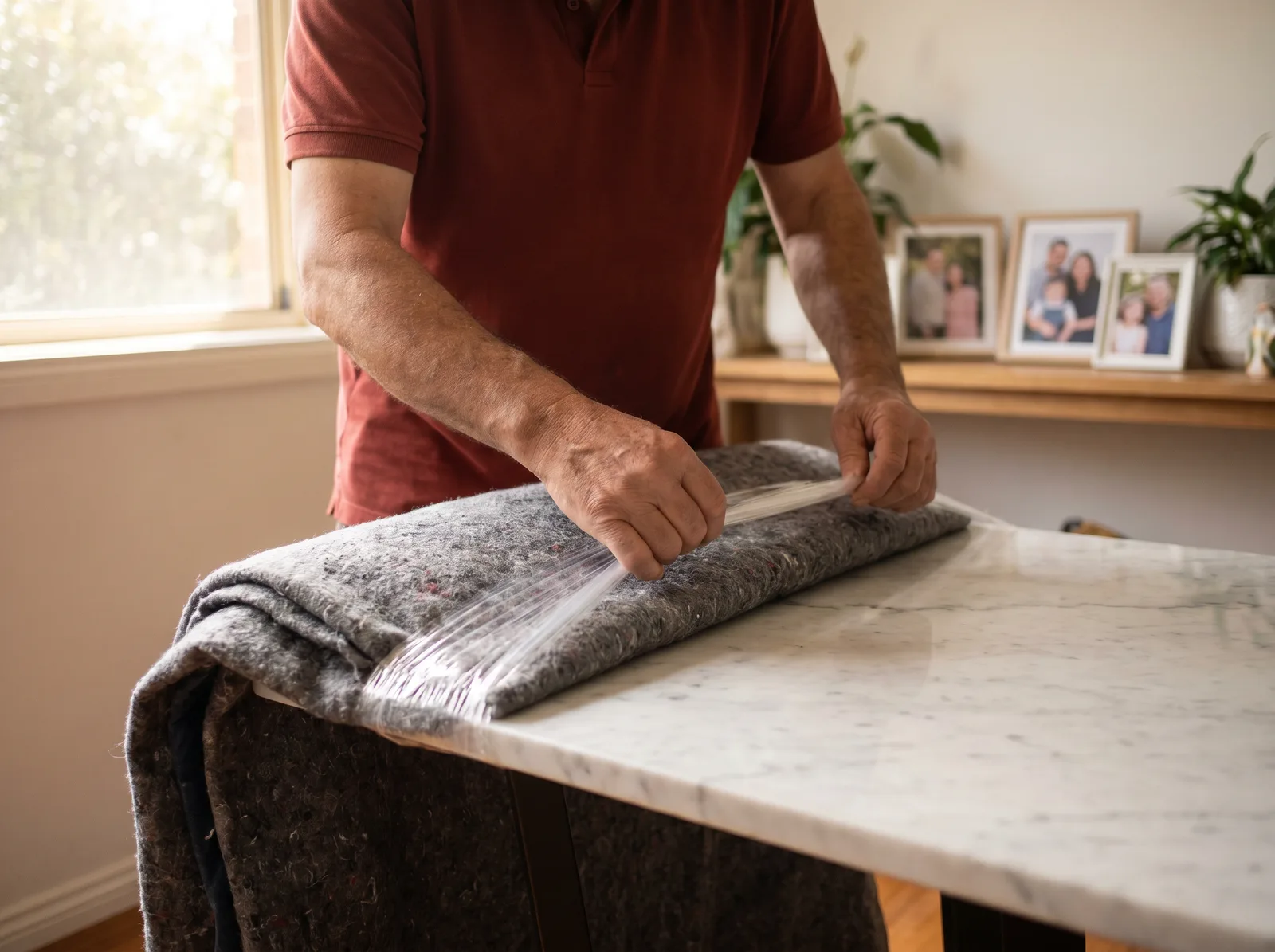 A mover wrapping a marble tabletop in a moving blanket and stretch film
