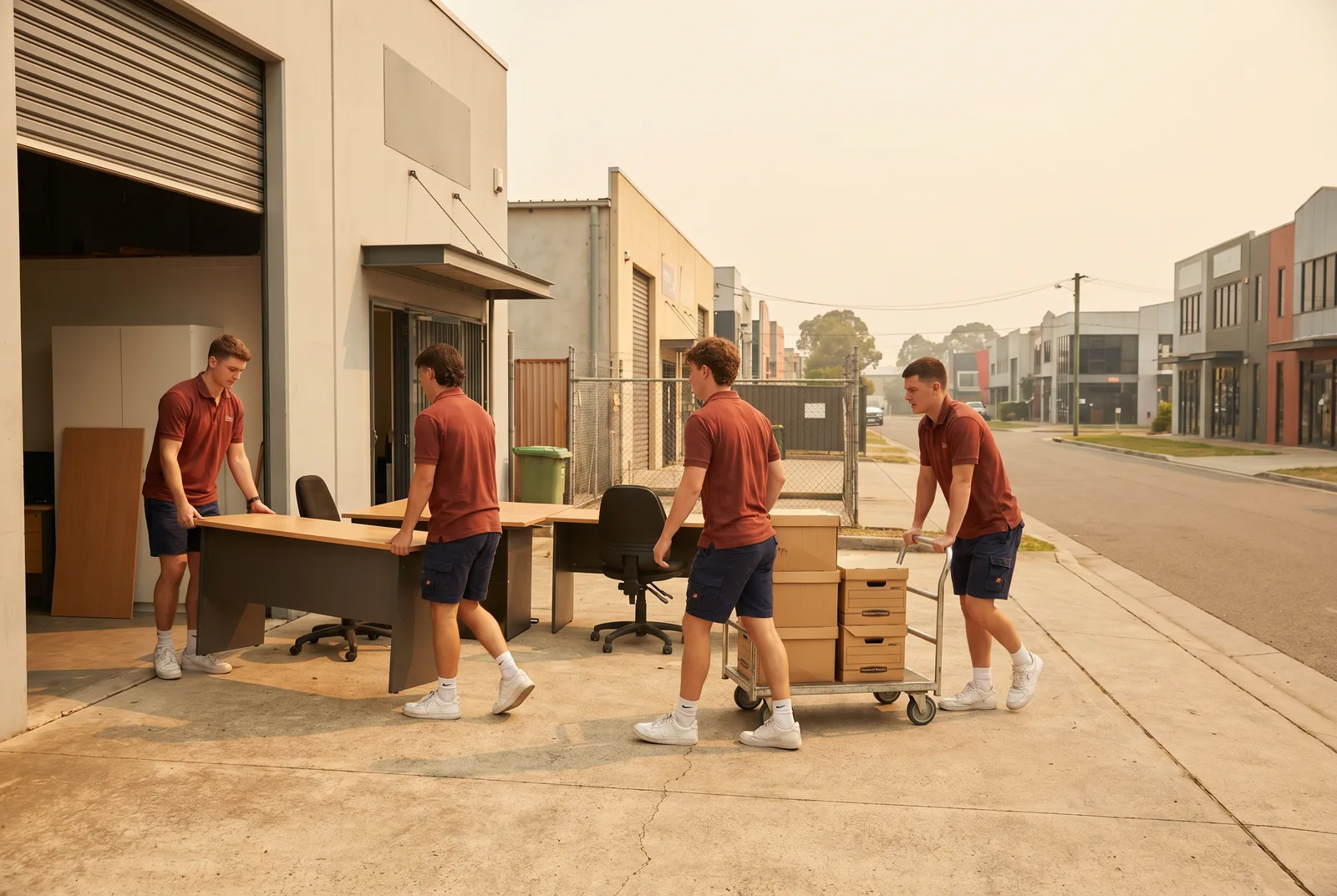 Movers shifting desks and chairs at a light-industrial unit