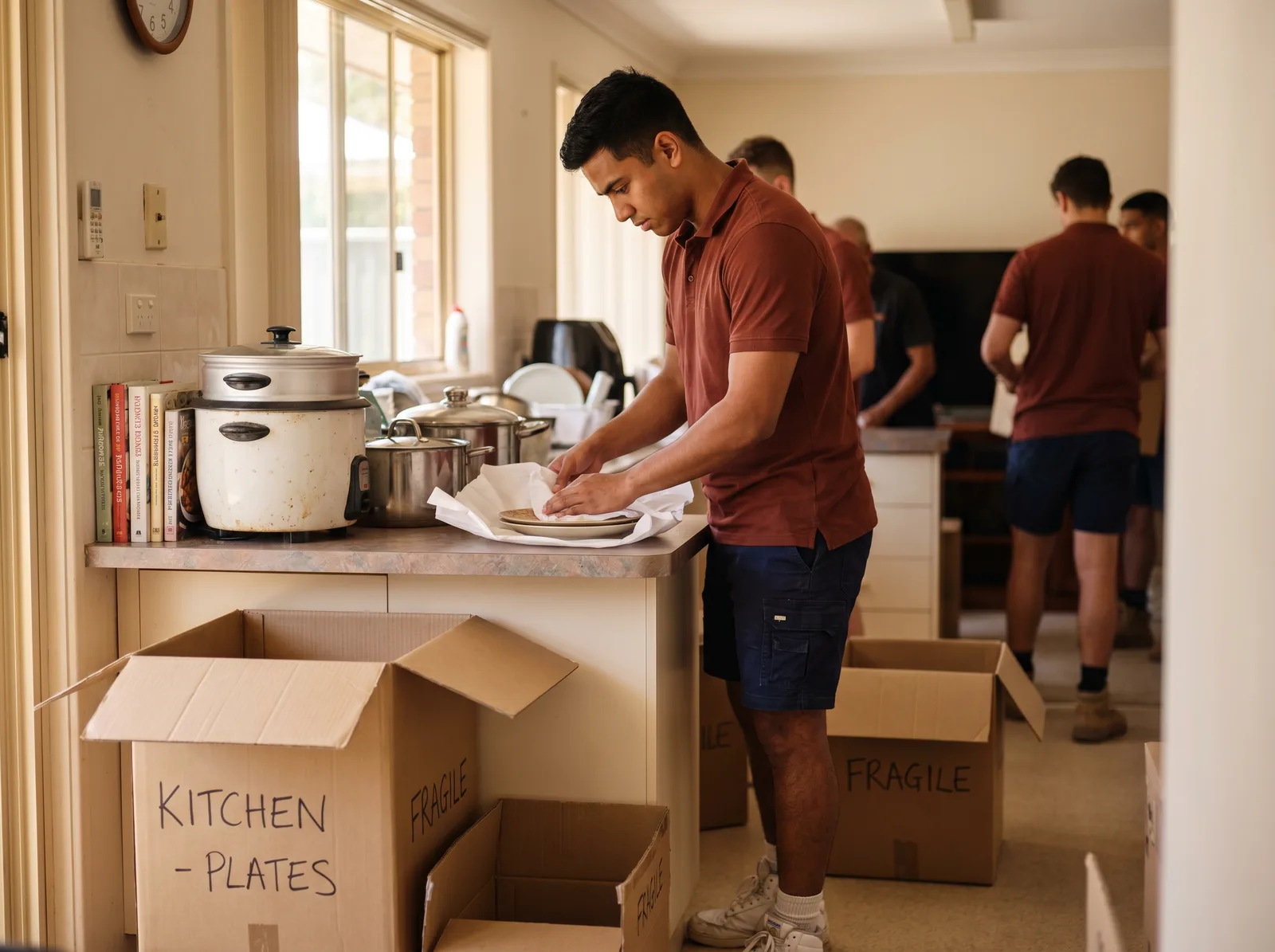 A mover wrapping plates at a kitchen bench beside labelled moving boxes