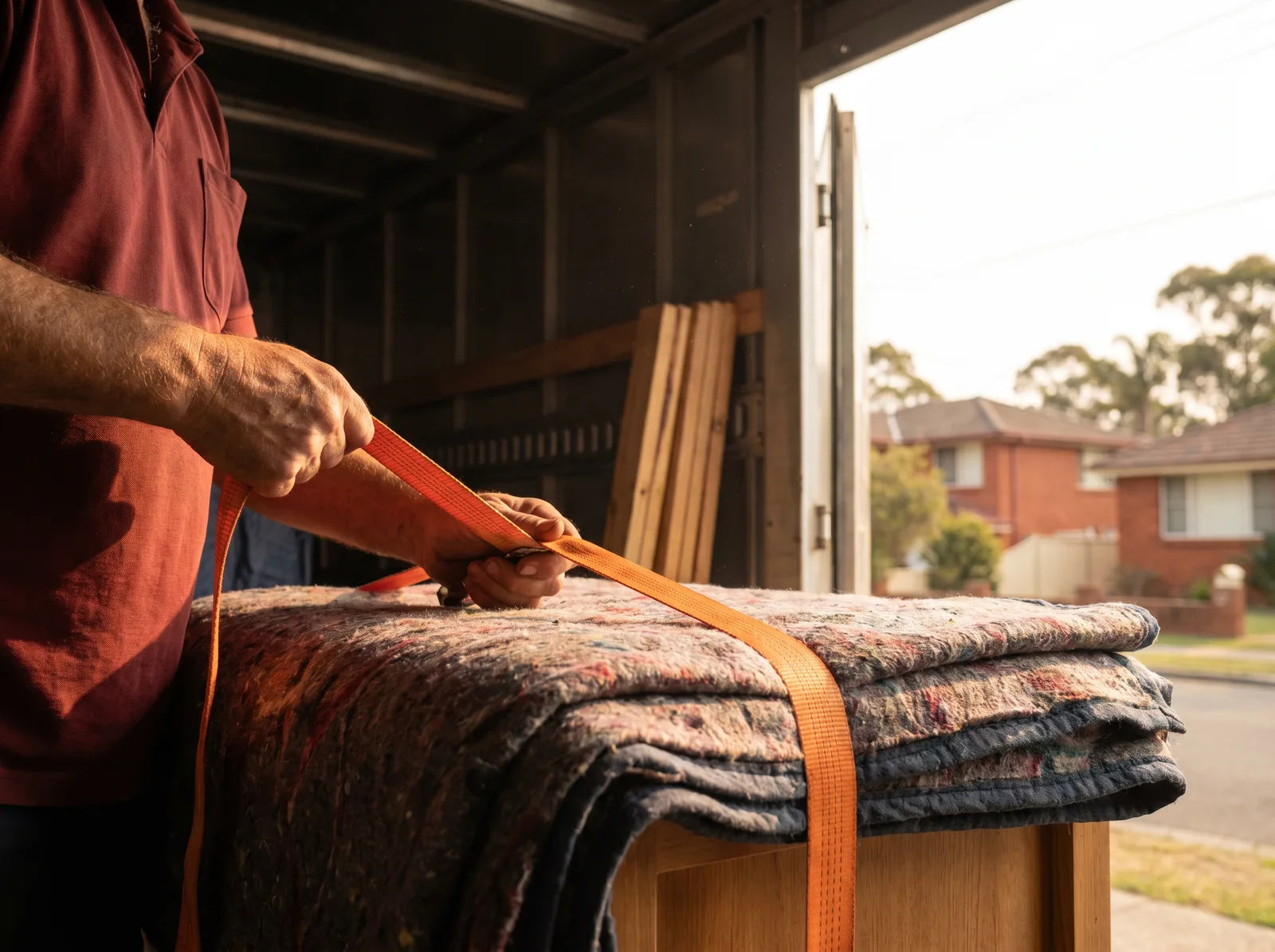 A mover tensioning a strap over blanket-wrapped furniture inside the truck