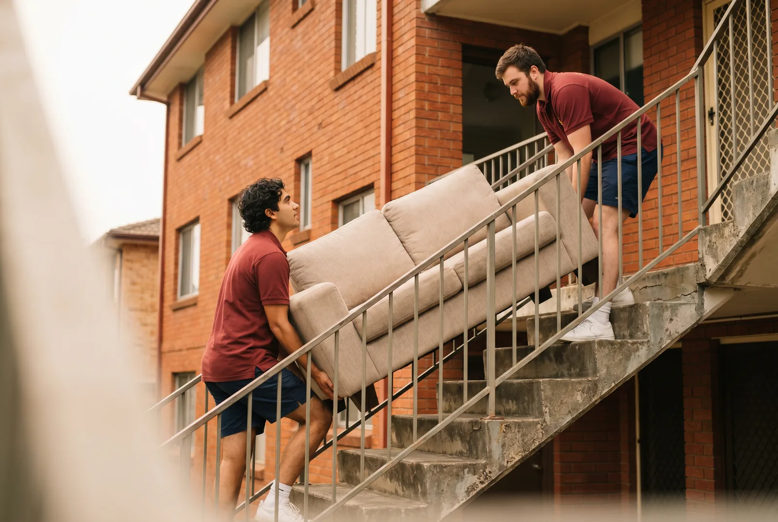 Two movers carrying a sofa up an external stairwell of a walk-up unit block